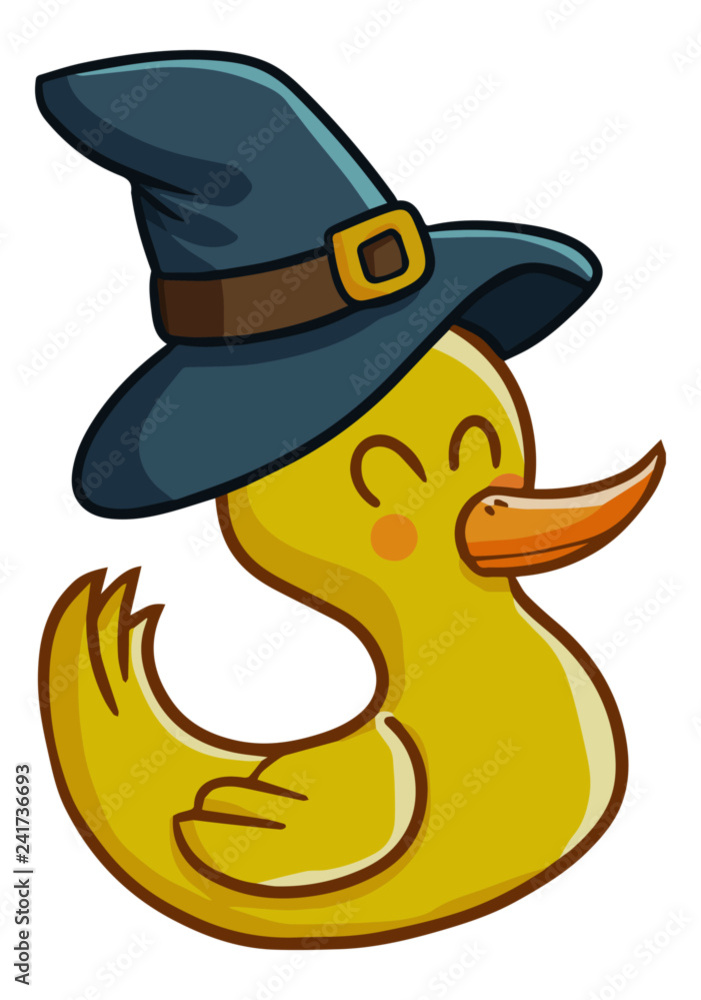 Cute and funny smiling duck wearing witch hat for Halloween - vector.