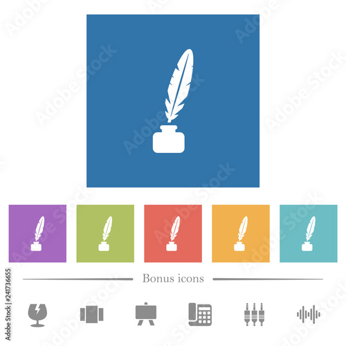 Feather in ink bottle flat white icons in square backgrounds