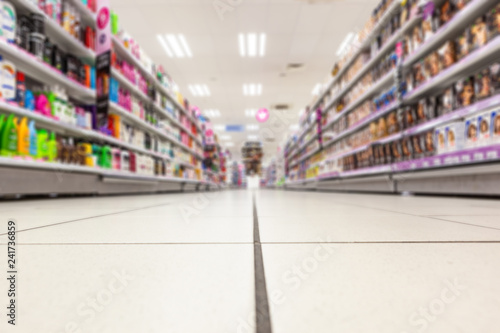 Abstract background blurred photograph of an aisle with shelves in bright modern drugstore at supermarket shopping center