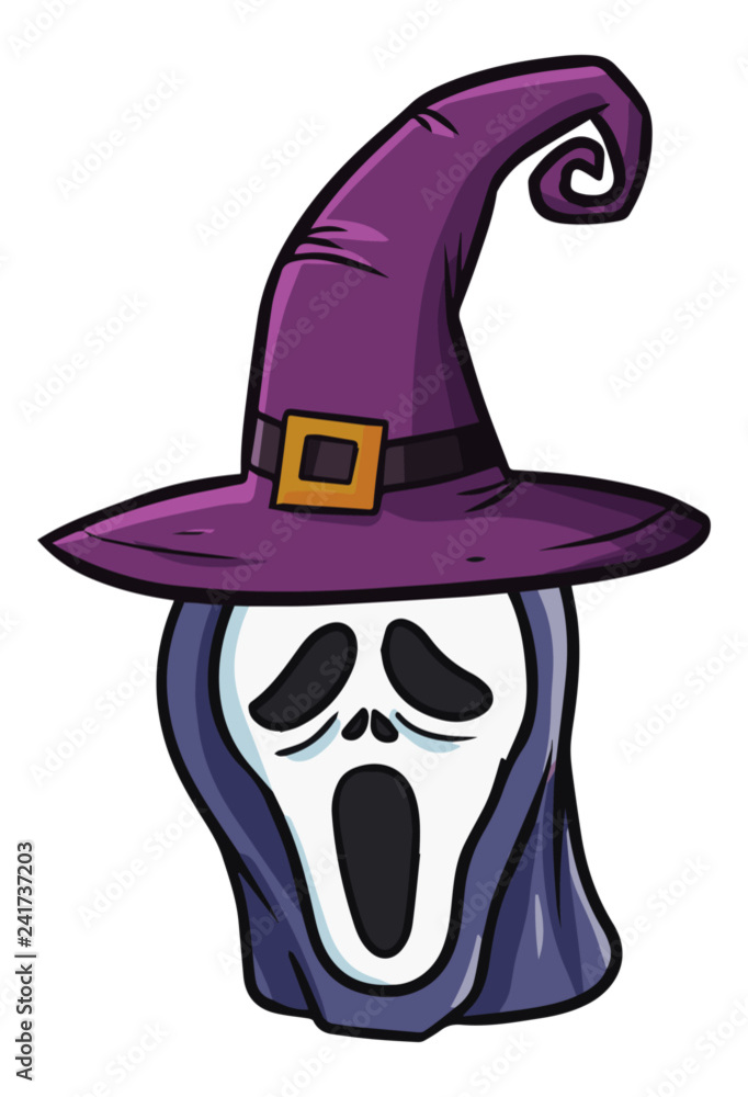 Funny and scary ghost mask wearing witch hat for Halloween - vector.