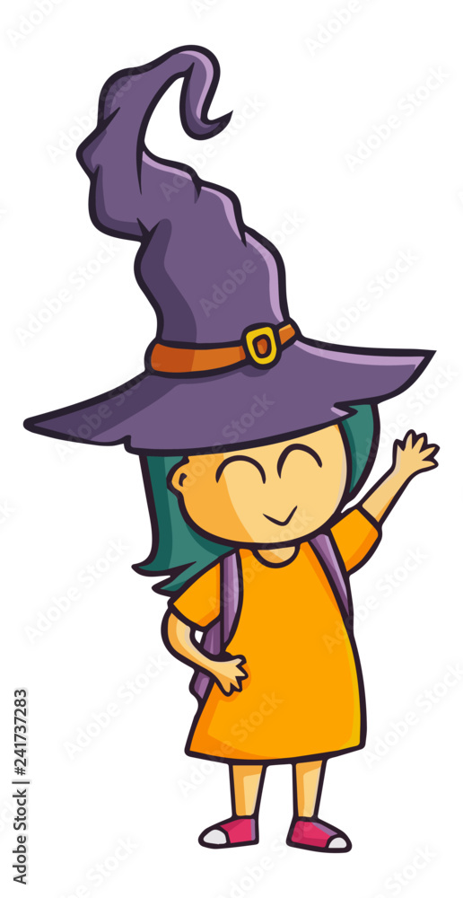 Cute and funny student girl wearing witch hat for Halloween - vector.