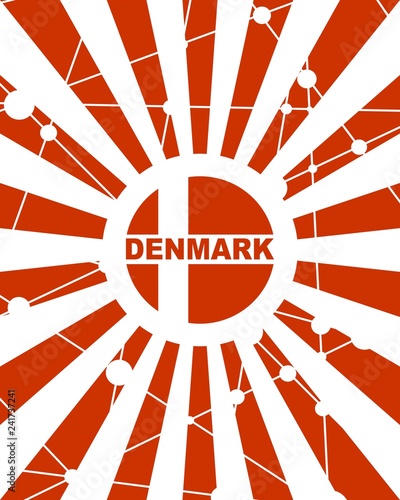 Denmark national flag on sunburst background. Card template for national holiday celebration. Red and white rays textured by lines with dots.