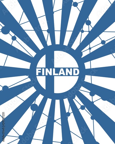 Finland national flag on sunburst background. Card template for national holiday celebration. Red and white rays textured by lines with dots.