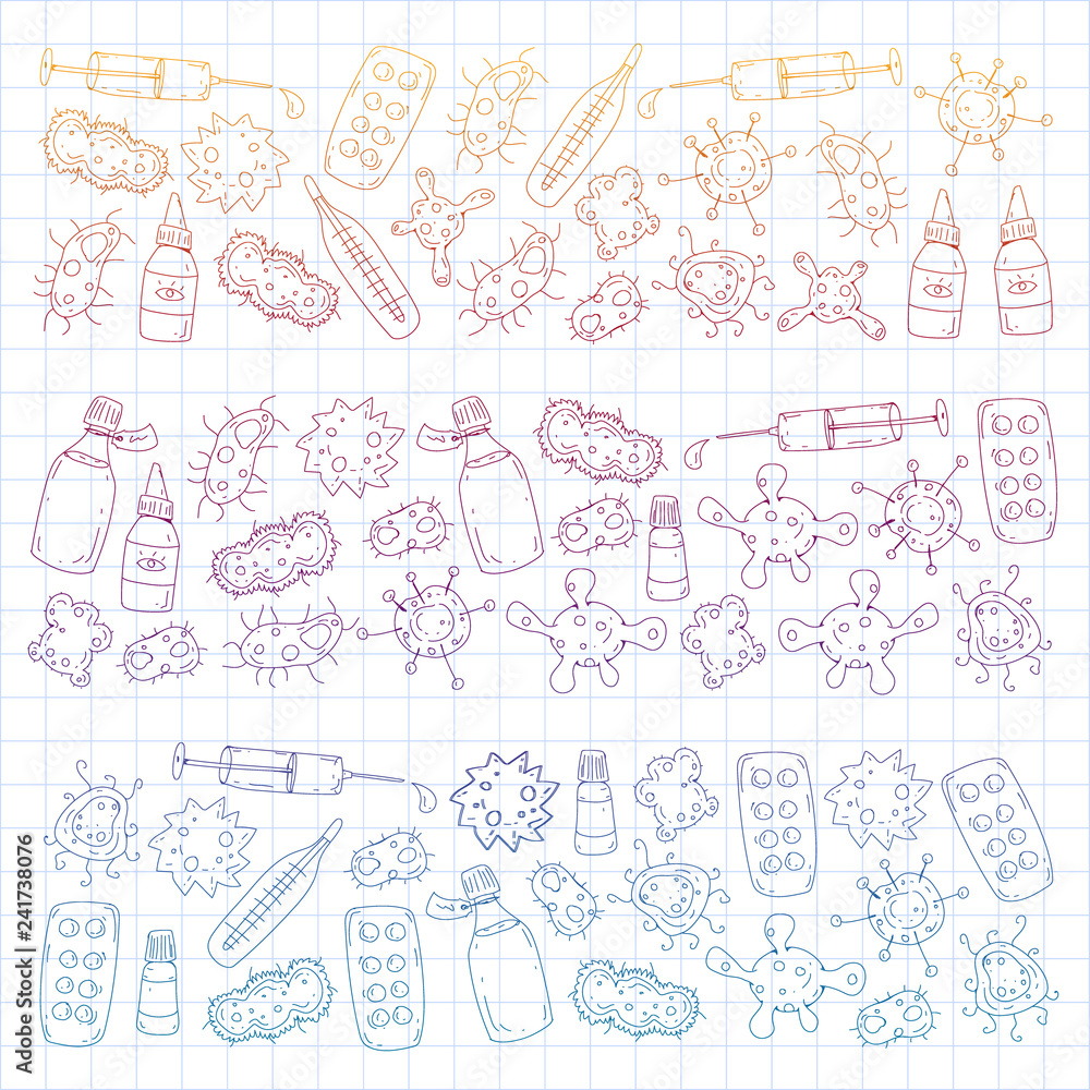 Cough, pills, influenza, flu, sickness. Vector pattern with doodle icons. Healthcare and medicine.