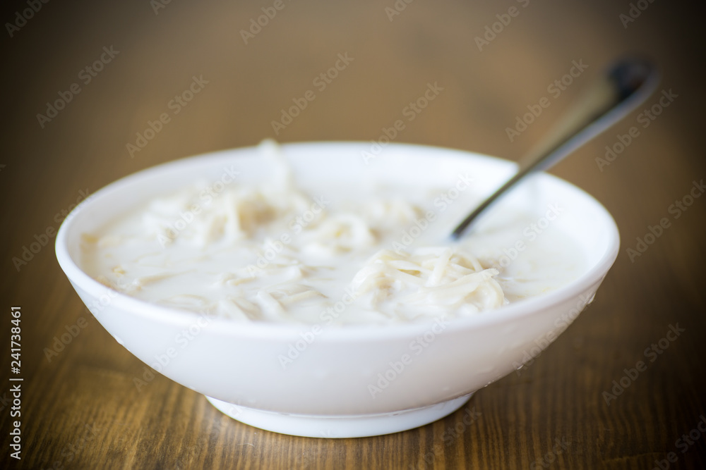 homemade sweet noodles with milk in a plate homemade sweet noodles with milk in a plate