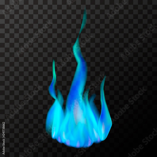 Bright fire flame of blue gas on transparent