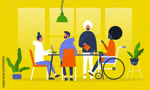 A group of friends having dinner. Asian food. Eating with chopsticks. Restaurant. Millennial lifestyle. Flat editable vector illustration, clip art