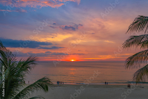 beautiful sunset over coconut trees at Karon beach Phuket