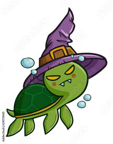 Funny and scary swimming turtle wearing witch hat for Halloween - vector.