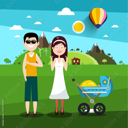 Family on Field. Man and Woman with Baby Carriage Vector Illustration.