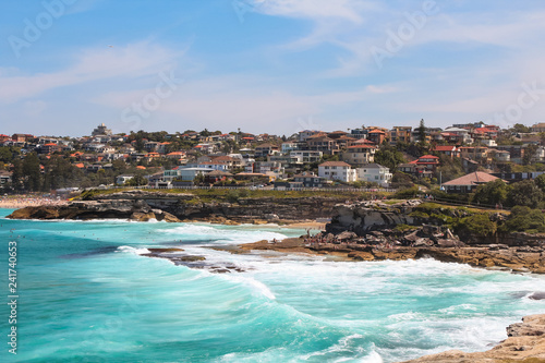 View onto Tamarama and Bronte beach seen from Mackenzies Point in summer on the Bondi to Coogee beach walk (Sydney, New South Wales, Australia)