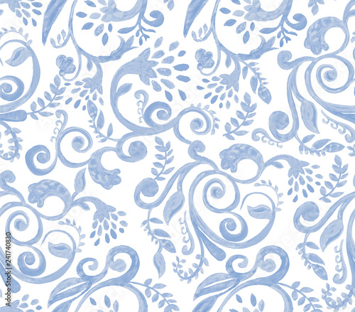 Blue floral pattern on white background. Hand made watercolor seamless texture for clothes, fabric