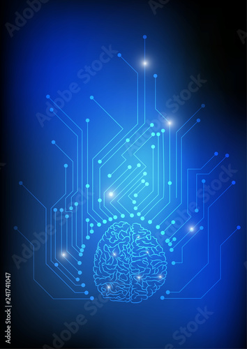 Vector : Brain and electronic circuit on blue background