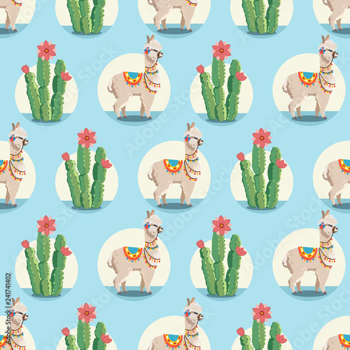 Illustration with alpaca and cactus plants. Vector seamless pattern on blue background. Llama.
