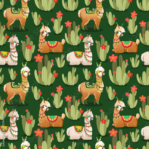 Illustration with alpaca and cactus plants. Vector seamless pattern on green background. Llama.
