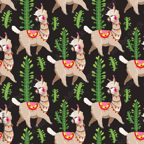 Illustration with alpaca and cactus plants. Vector seamless pattern on black background. Llama.