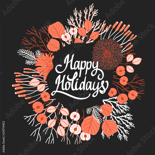 Wreath. Vector fall illustration with branches, berries and leaves. Floral frame on black. Autumn mood. Happy Holidays.