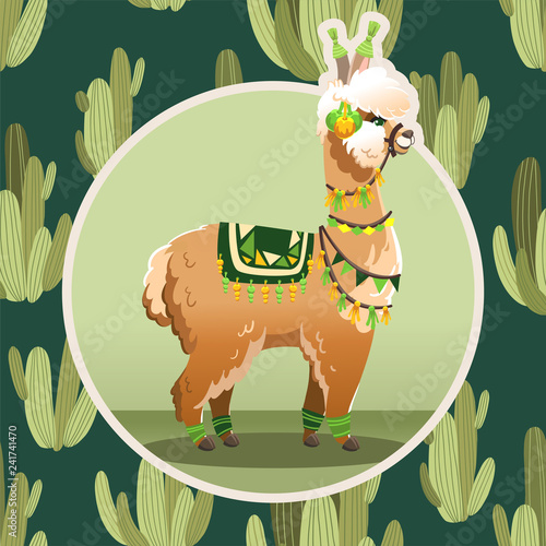 Illustration with llama and cactus plants. Vector seamless pattern on botanical background. Greeting card with Alpaca.