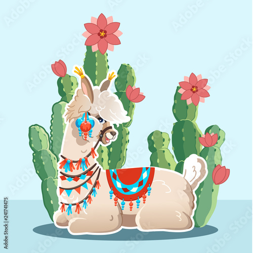 Illustration with llama and cactus plants. Vector seamless pattern on blue background. Greeting card with Alpaca.