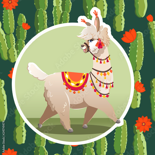 Illustration with llama and cactus plants. Vector seamless pattern on botanical background. Greeting card with Alpaca.