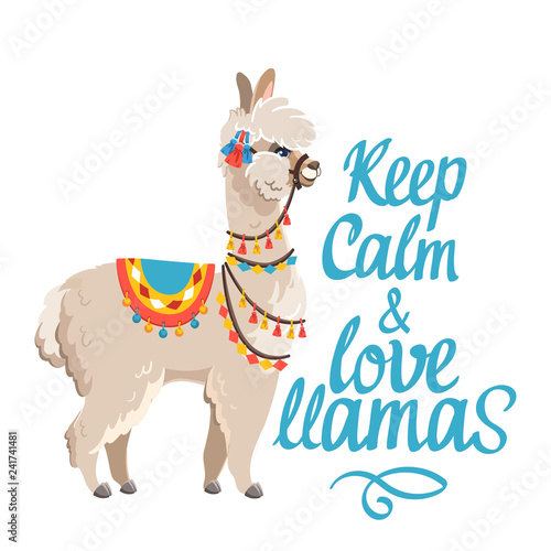 Illustration with llama and cactus plants. Vector seamless pattern on white background. Greeting card with Alpaca.