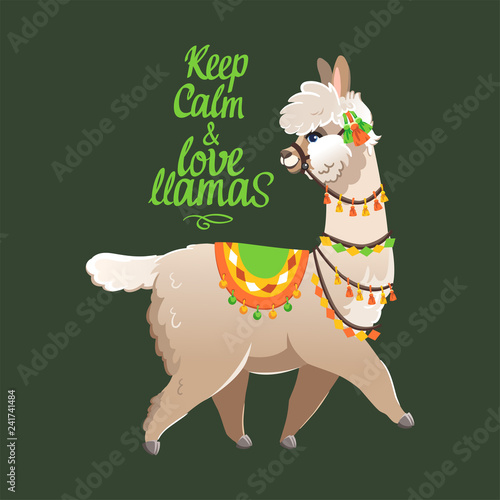 Illustration with llama and cactus plants. Vector seamless pattern on green background. Greeting card with Alpaca.