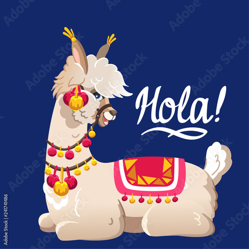 Illustration with llama and cactus plants. Vector seamless pattern on blue background. Greeting card with Alpaca.
