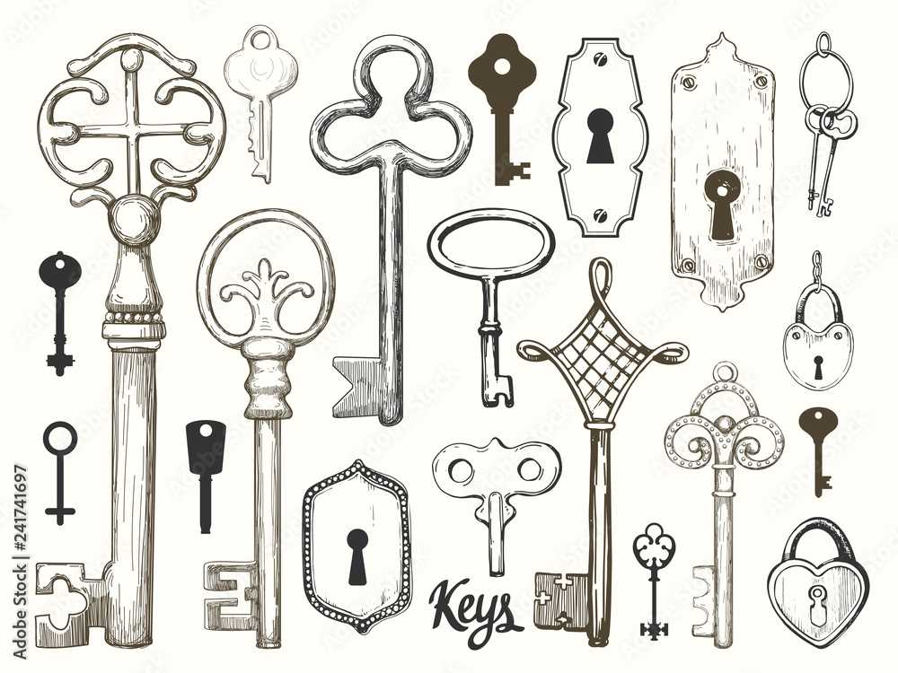 Vector set of hand-drawn antique keys. Illustration in sketch style on ...