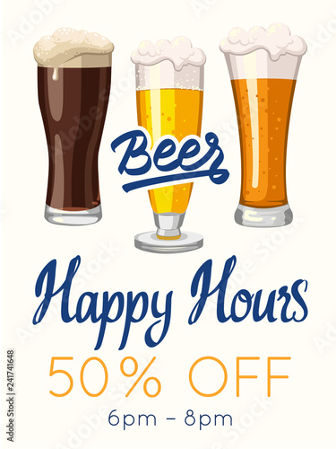 Happy hours poster. Vector illustration with glass of beer in sketch style for bar. Drink menu for celebration. Special offer.