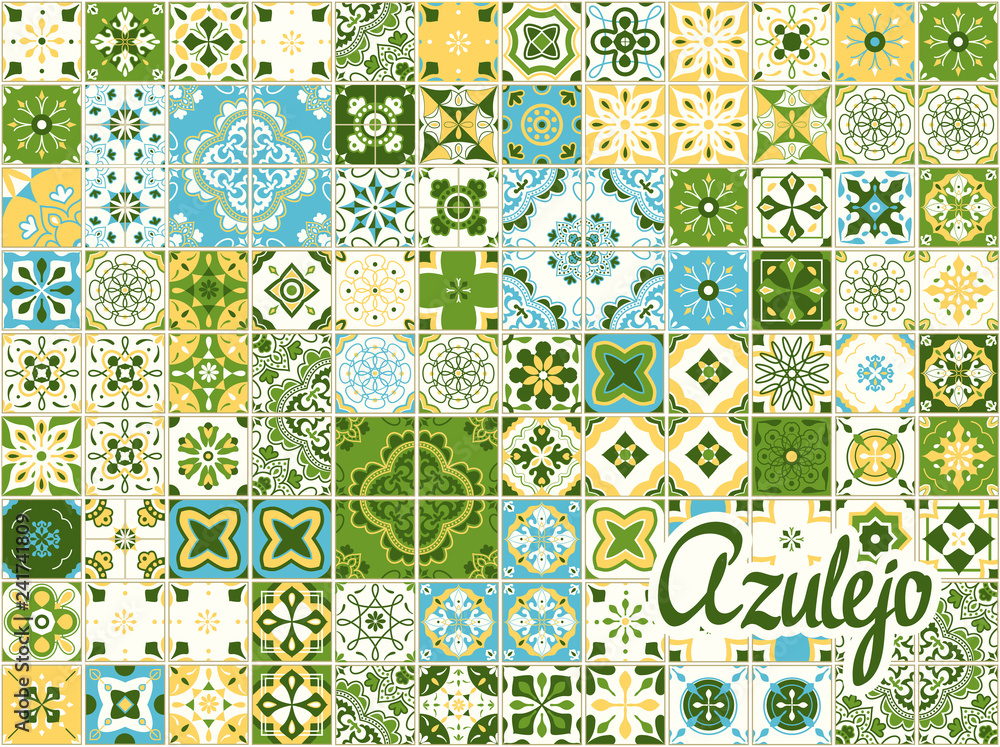 Seamless pattern with Portuguese tiles. Vector illustration of Azulejo on white background. Mediterranean style. Multicolor design.