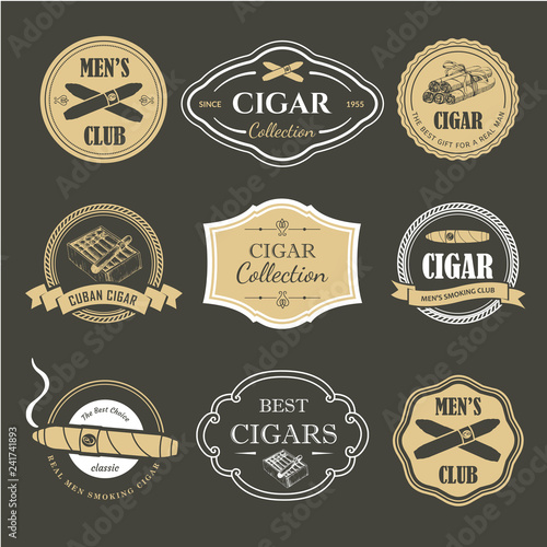 Vector Illustration with logo and labels. Simple symbols tobacco, cigar. Traditions of smoke. Decorative illustrations, icon for your design. Gentleman style.
