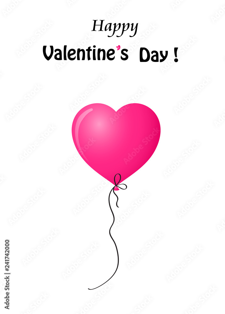 Valentine's greeting card with pink balloon  on white background
