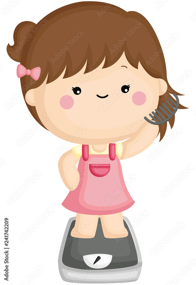 A vector set of a cute little girl weighing and comb her hair A vector set of a cute little girl weighing and comb her hair