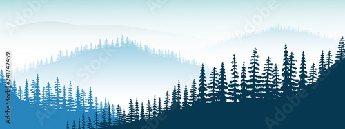 Mountain landscape. twilight, distant mountains, valley, hills, forest, mist, fog, fir trees