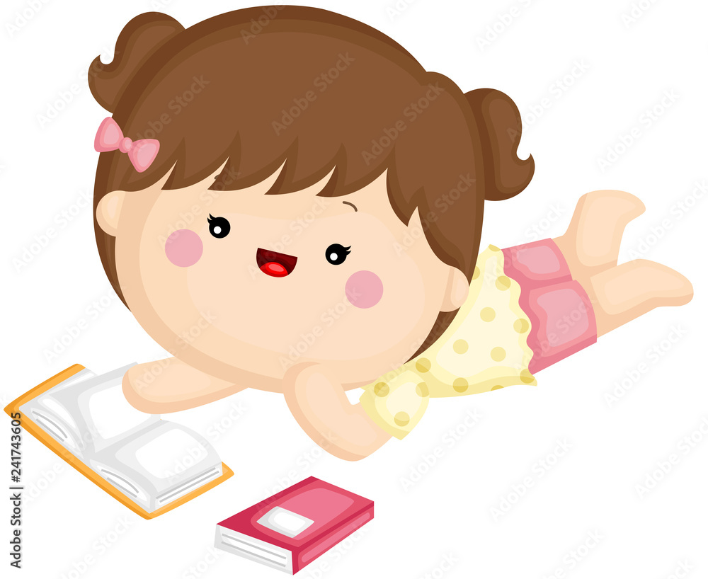 A vector set of a cute little girl laying down and reading book happily