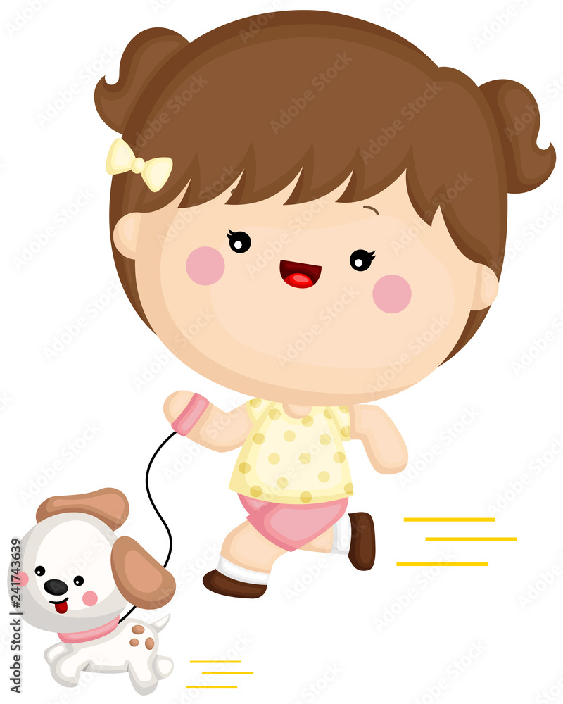 A vector set of a cute little girl running with her dog A vector set of a cute little girl running with her dog