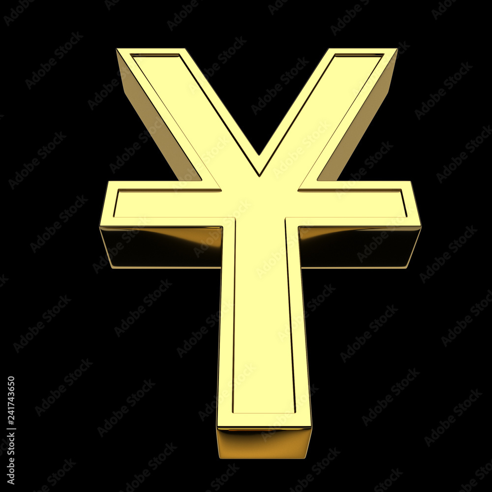 Fototapeta premium 3D rendering of the currency symbol - Chinese yuan and Japanese yen, gold, isolated on black background.
