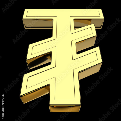 3D rendering of the currency symbol of the Mongolian Tugrik, gold, isolated on black background. photo