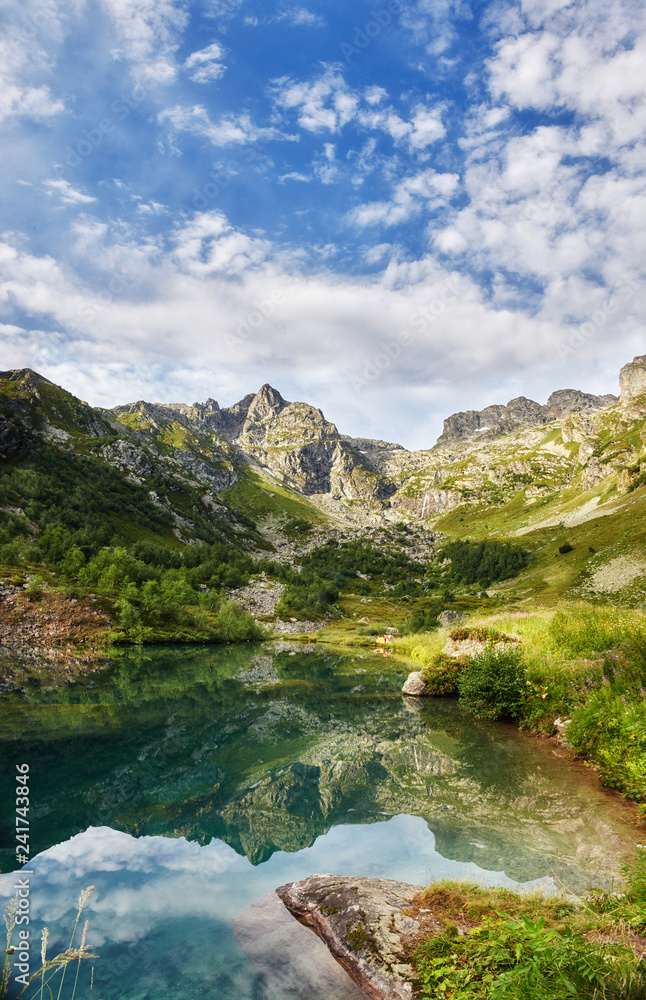 Panoramic photos spring valley Caucasus mountains Arkhyz, Russia. Fabulous sunrise and sunset in the mountains of Sofia lakes, amazing nature, spring in the mountains. Travelling and Hiking