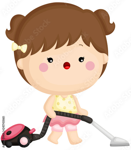 A vector set of a cute little girl cleaning room with vacuum cleaner