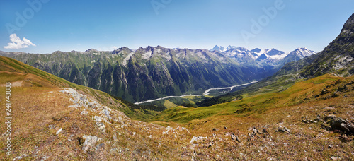 Panoramic photos spring valley Caucasus mountains Arkhyz, Russia. Fabulous sunrise and sunset in the mountains of Sofia lakes, amazing nature, spring in the mountains. Travelling and Hiking photo