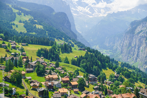 Alpine peaks landskape. Lauterbrunnen  Jungfrau  Bernese highland. Alps  tourism  journey  hiking concept.