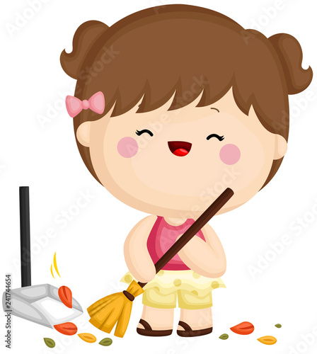 A vector set of a cute little girl sweeping dried leaves