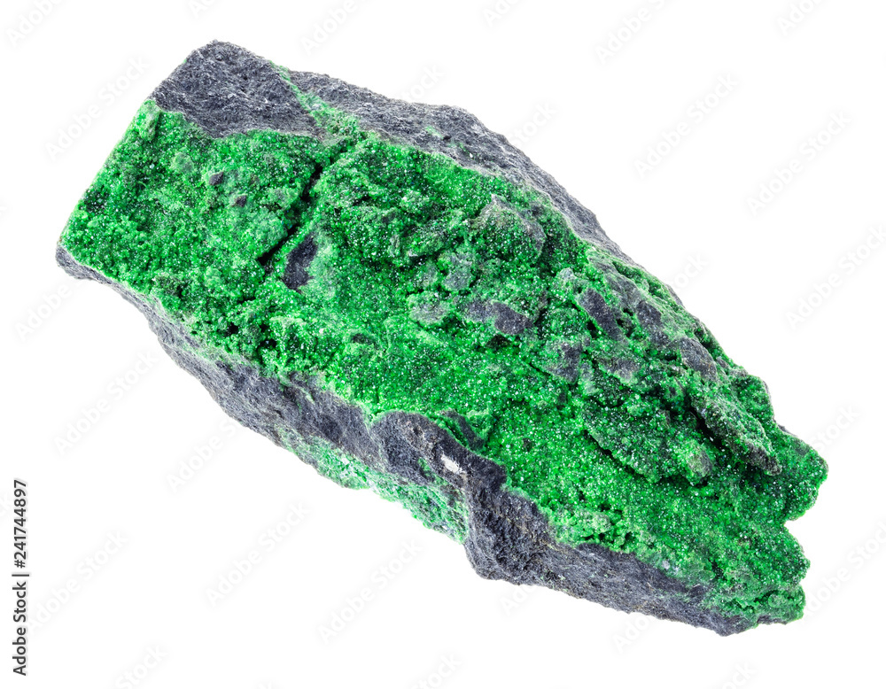 Fototapeta premium rough stone with Uvarovite crystals on white