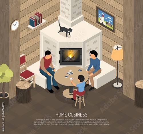 Fire Place Family Isometric Illustration
