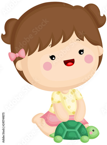 A vector set of a cute little girl playing with turtle doll