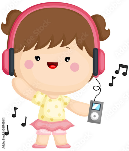 A vector set of a cute little girl enjoy listening music