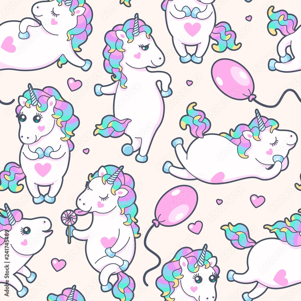 Vector seamless pattern with cute little unicorns