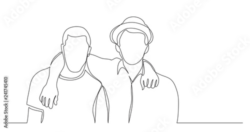 two hugging friends standing together - one line drawing