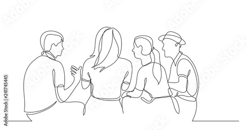 young friends sitting and talking together - one line drawing